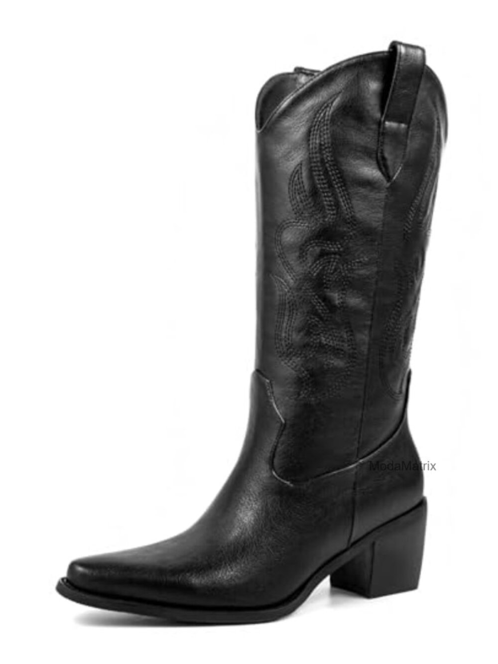 Pasuot Cowboy Boots Women Mid Calf Embroidered Pointed Toe Chunky Heel